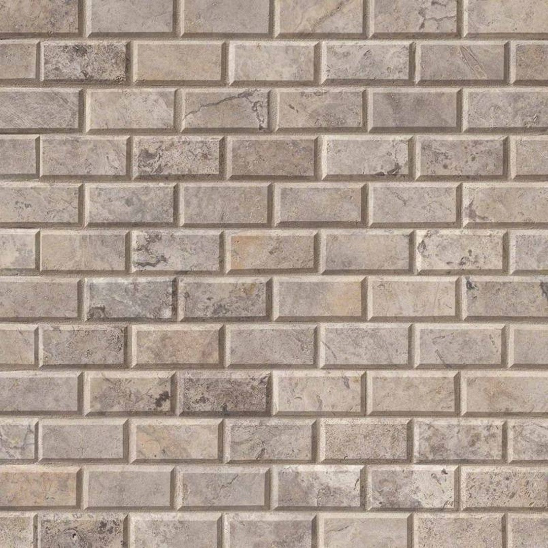 MS International Silver 12" x 12" Honed Travertine Beveled Brick 2x4 Mosaic