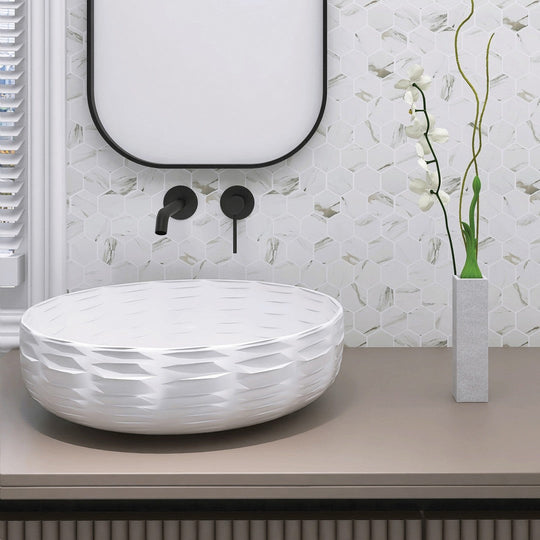 Tesoro-11.75-x-12-Native-Matte-2-Hexagon-Glass-Mosaic-Calacatta