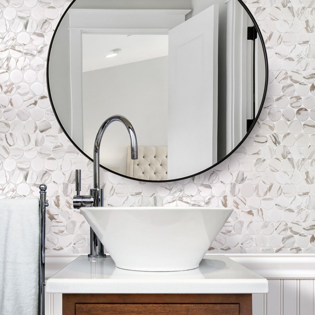 Tesoro-10.25-x-11.5-Native-Matte-2-Penny-Round-Glass-Mosaic-Calacatta