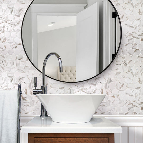 Tesoro-10.25-x-11.5-Native-Matte-2-Penny-Round-Glass-Mosaic-Calacatta