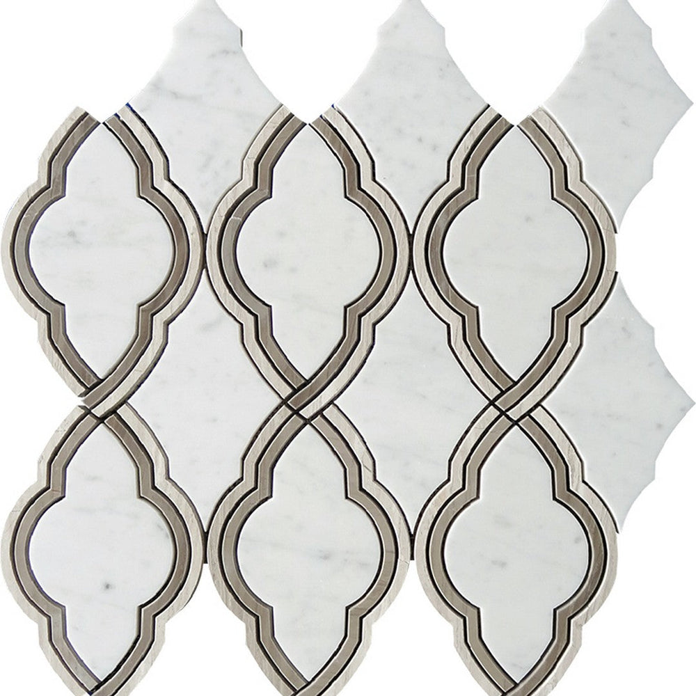 MiR Waterjet 13.8" x 14.6" Bianco Carrara & Wooden Grey & Athens Grey Interlocking Natural Stone Mosaic Polished