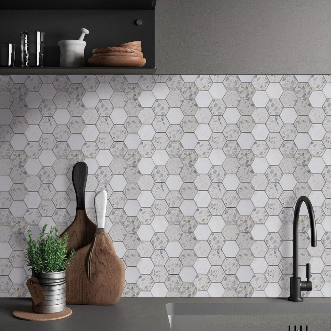 Tesoro-10.5-x-12-Venice-Honed-3-Hexagon-Random-Natural-Stone-Mosaic-Blue-Dolomite-Terrazzo