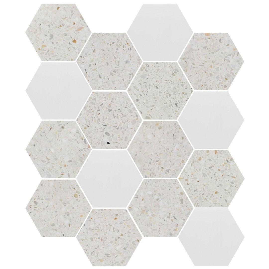 Tesoro-10.5-x-12-Venice-Honed-3-Hexagon-Random-Natural-Stone-Mosaic-Sand-Dolomite-Terrazzo