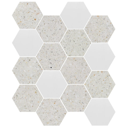 Tesoro-10.5-x-12-Venice-Honed-3-Hexagon-Random-Natural-Stone-Mosaic-Sand-Dolomite-Terrazzo