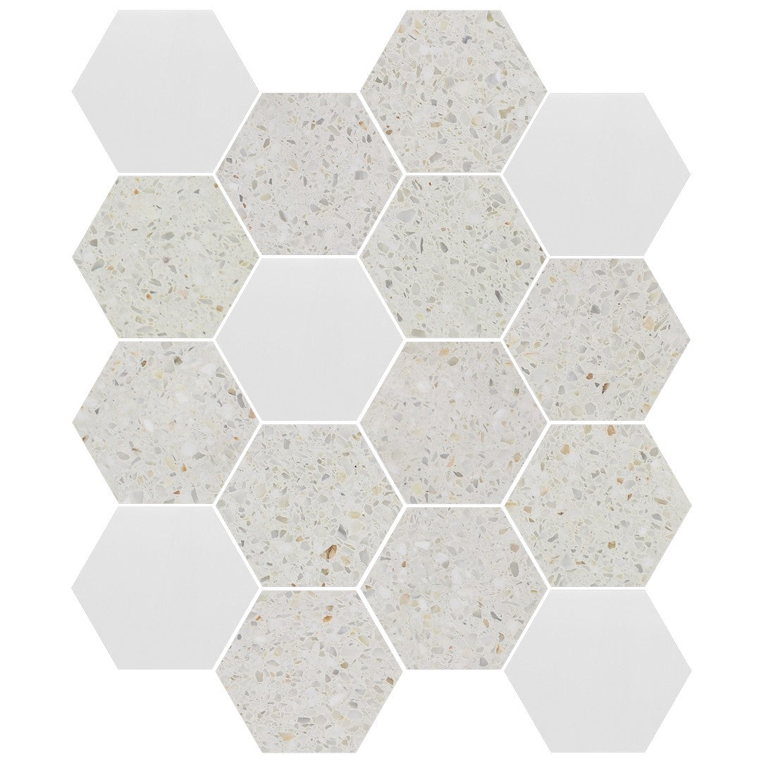 Tesoro-10.5-x-12-Venice-Honed-3-Hexagon-Random-Natural-Stone-Mosaic-Sand-Dolomite-Terrazzo