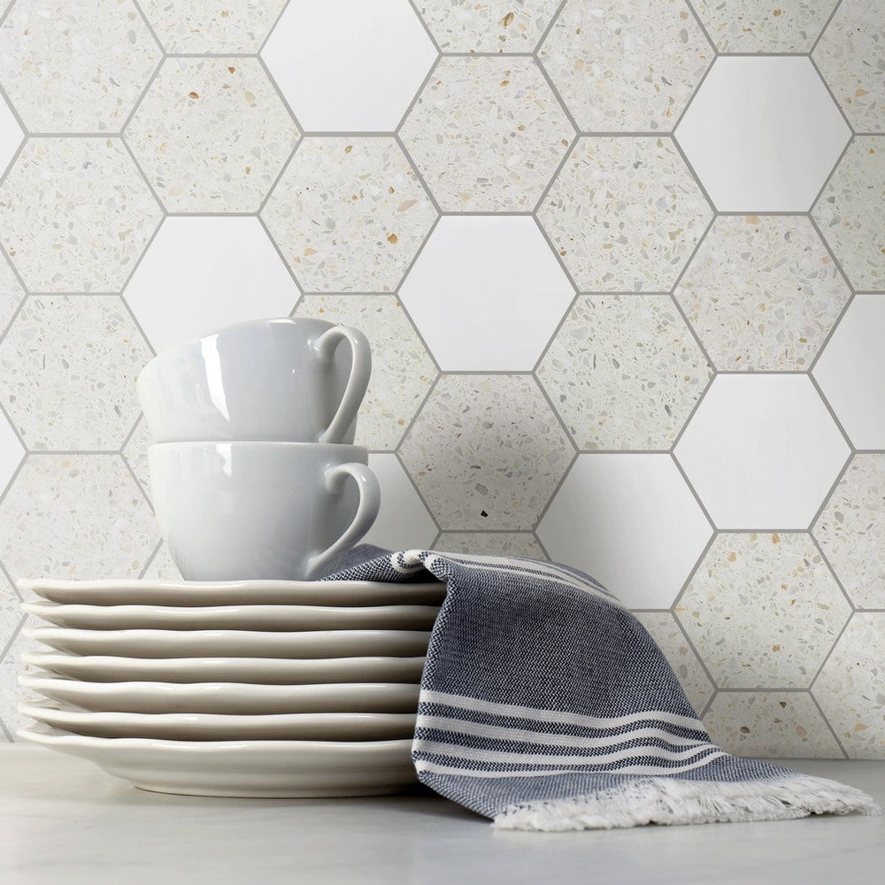 Tesoro-10.5-x-12-Venice-Honed-3-Hexagon-Random-Natural-Stone-Mosaic-Sand-Dolomite-Terrazzo