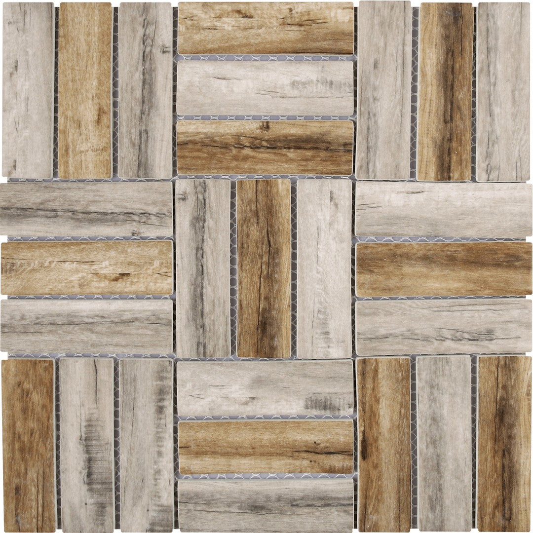 Bati Orient 11.7" x 11.7" Linear Glass Matte Stacked Square Wood Look Mosaic