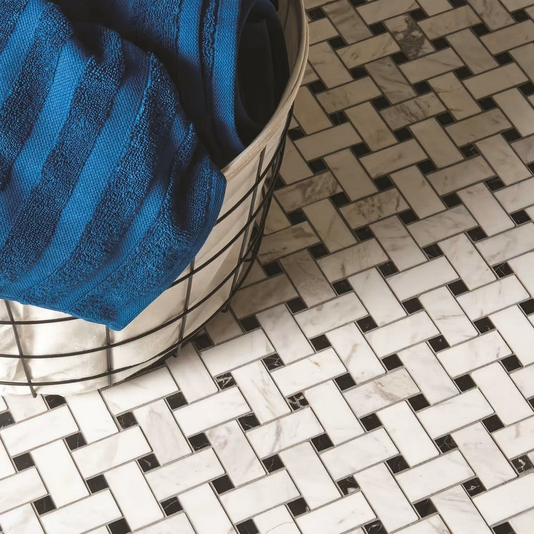Rickert-11.81-x-11.81-Durstone-Polished-Porcelain-Mosaic-Agata-White-w/-Black-Dot-Basketweave