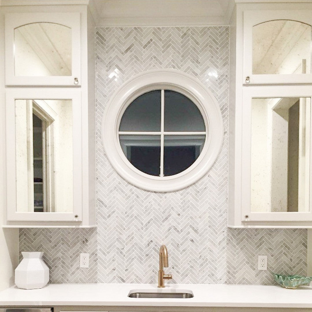 Rickert-12-x-12-Carrara-Polished-Marble-1x4-Mosaic-Herrnigbone