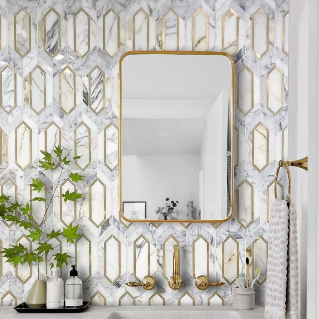 Rickert-11.5-x-14.33-Aluminum-Picket-Polished-Marble-Mosaic-Calacatta-Gold-Picket-w/-Gold-Aluminum