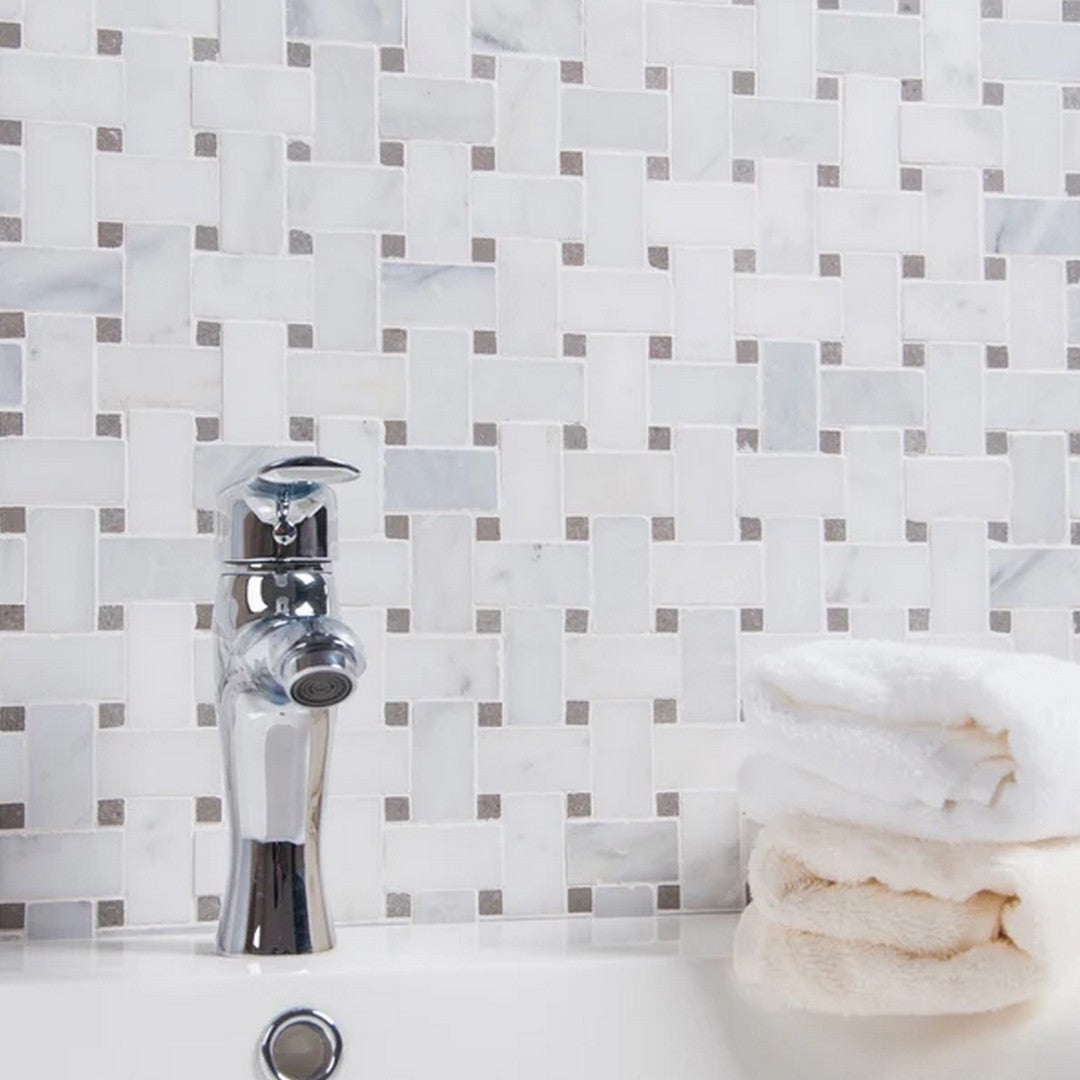 Rickert-12-x-12-Oriental-Polished-Marble-Mosaic-White-Basketweave-w/-Grey-Lady-Dot