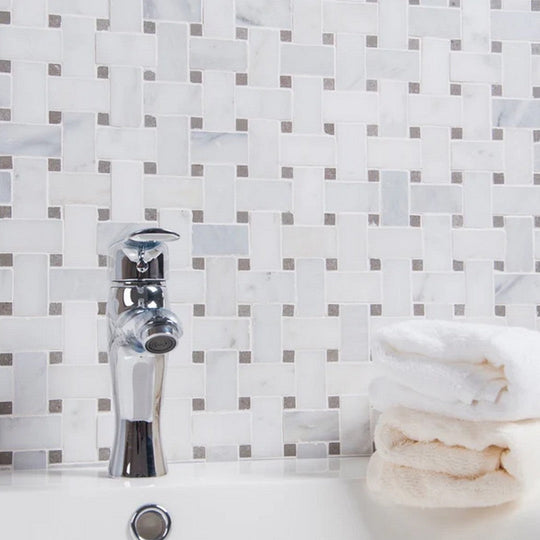 Rickert-12-x-12-Oriental-Polished-Marble-Mosaic-White-Basketweave-w/-Grey-Lady-Dot